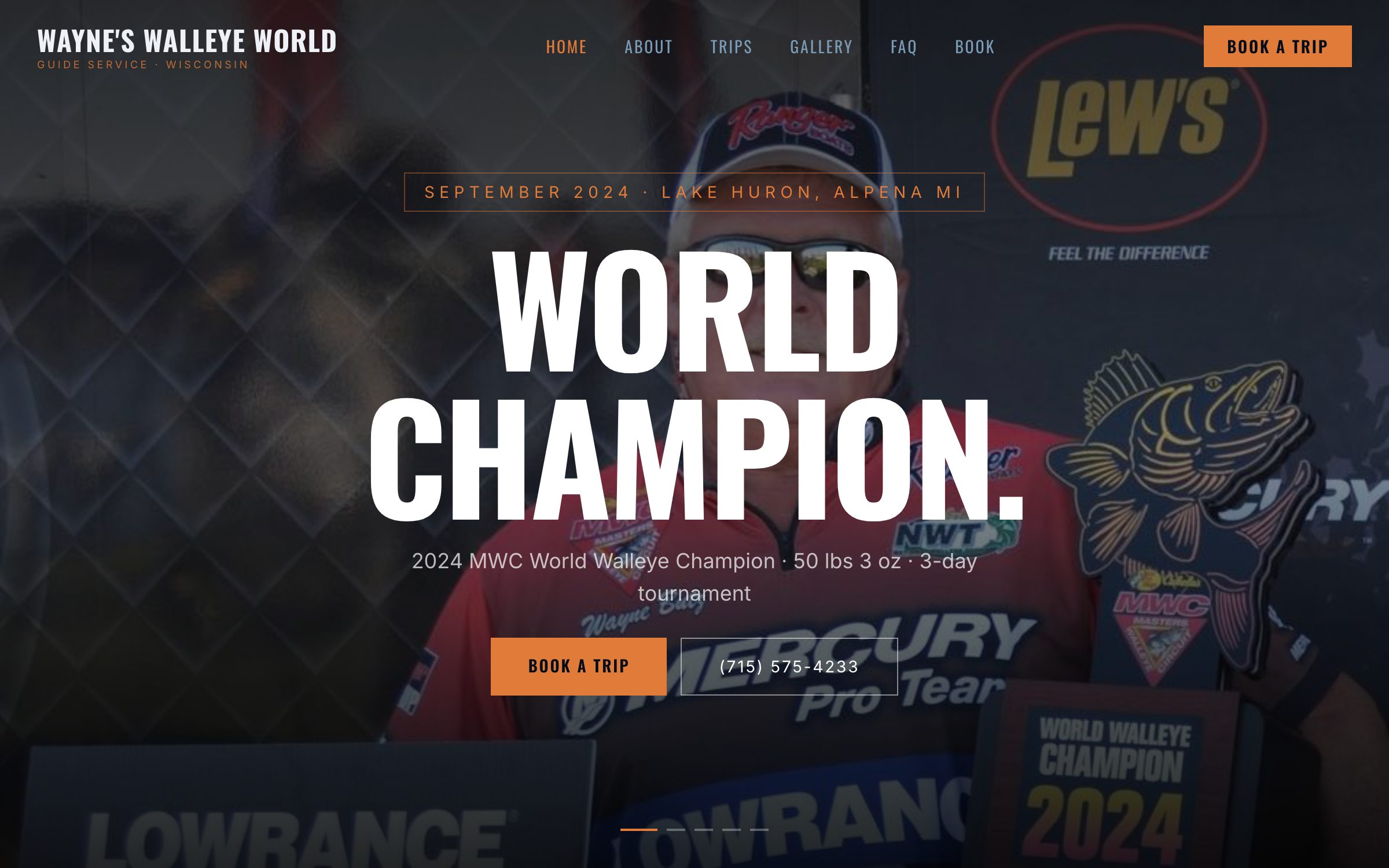 Screenshot of wayneswalleyes.com — a custom Joeckel Design build for the 2024 World Champion walleye guide